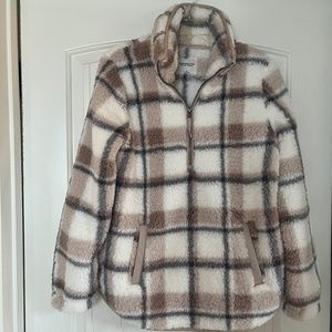 Abercrombie & Fitch Sherpa Half-Zip Sweatshirt brown, cream, gray plaid Size S